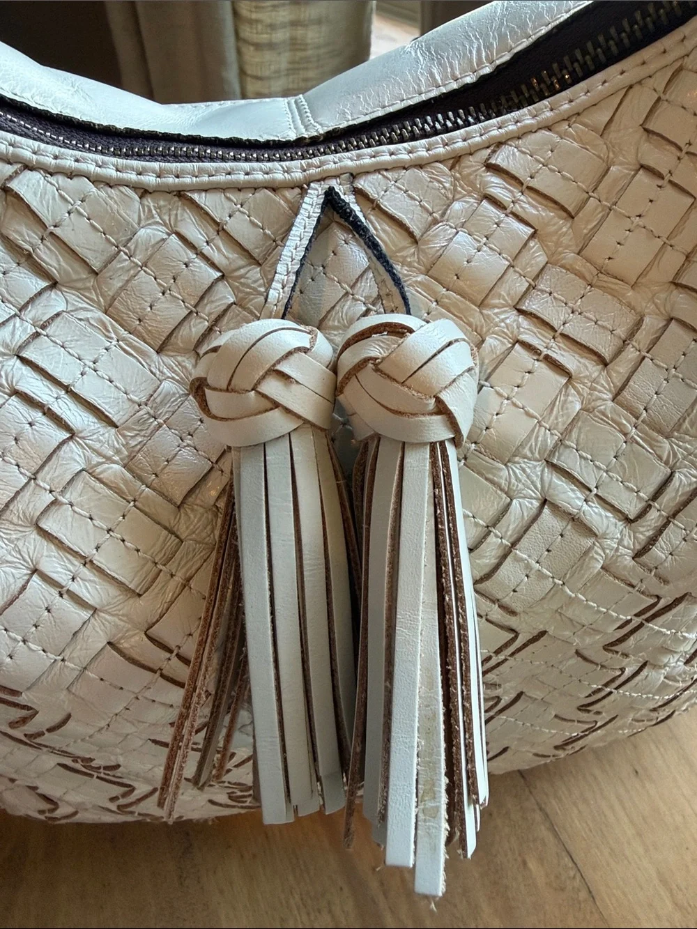 Patricia Nash Large White Braided Stitch Marcellina Leather Hobo Bag